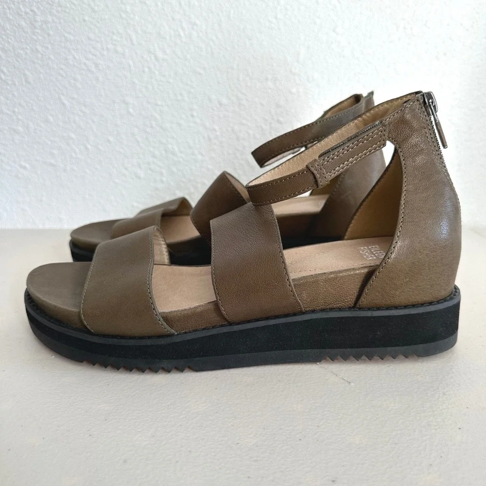 Eileen Fisher Keno Platform Sandals Womens 9.5 Olive Green‎ Leather Coastal